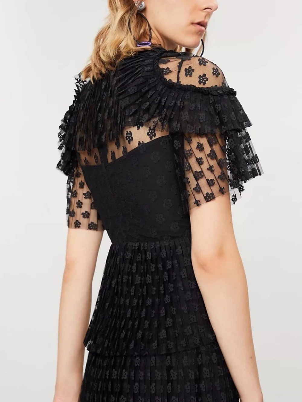Sandro Paris Black Floral Pleated Ruffle Lace Mini Dress Whimsygoth Feminine - Picture 16 of 16